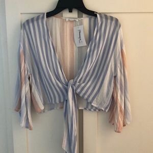 Orange, Blue and White Striped Tie Blouse